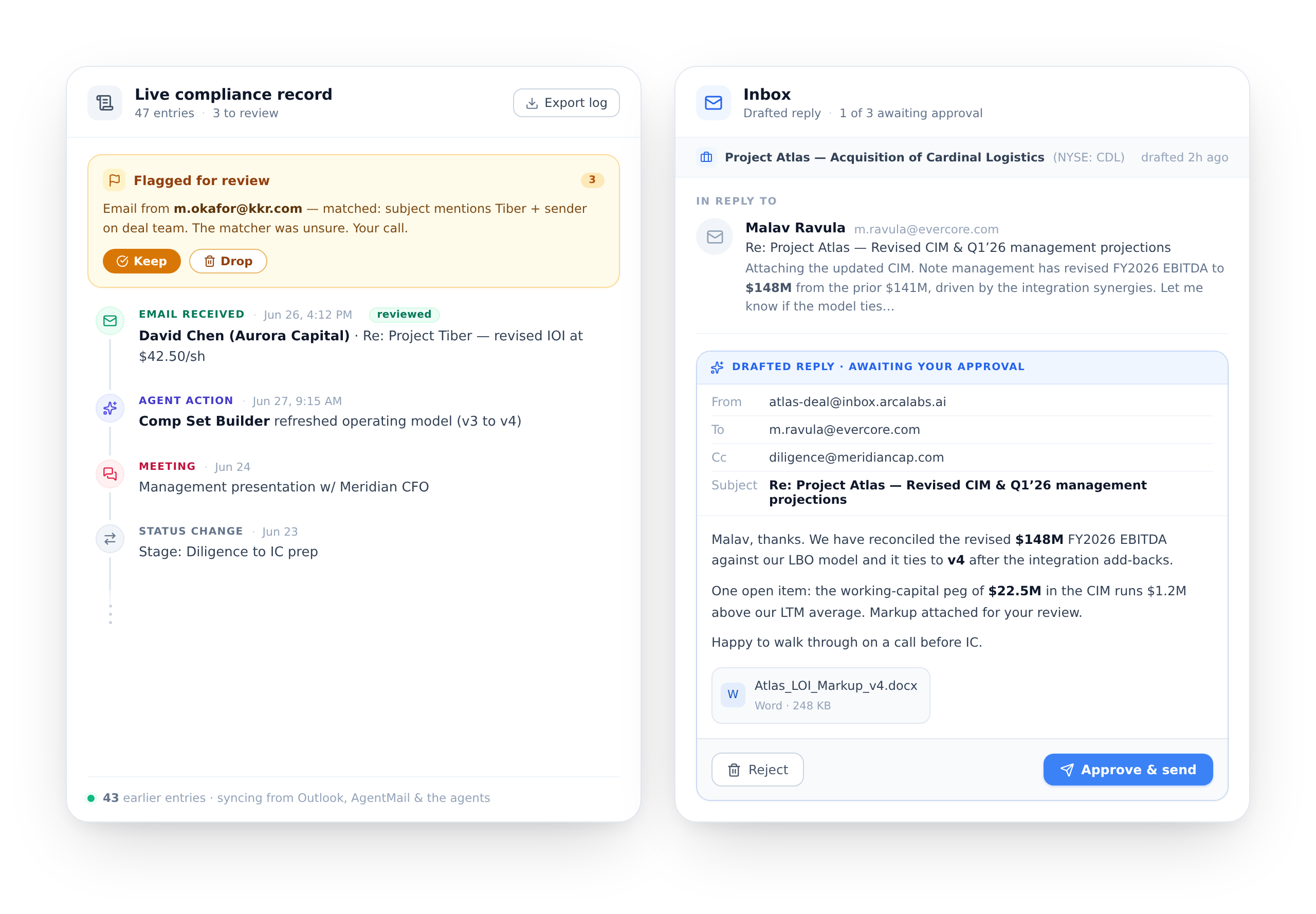 The ArcaLabs deal log capturing correspondence and agent actions, alongside an agent-drafted email reply staged for approval.
