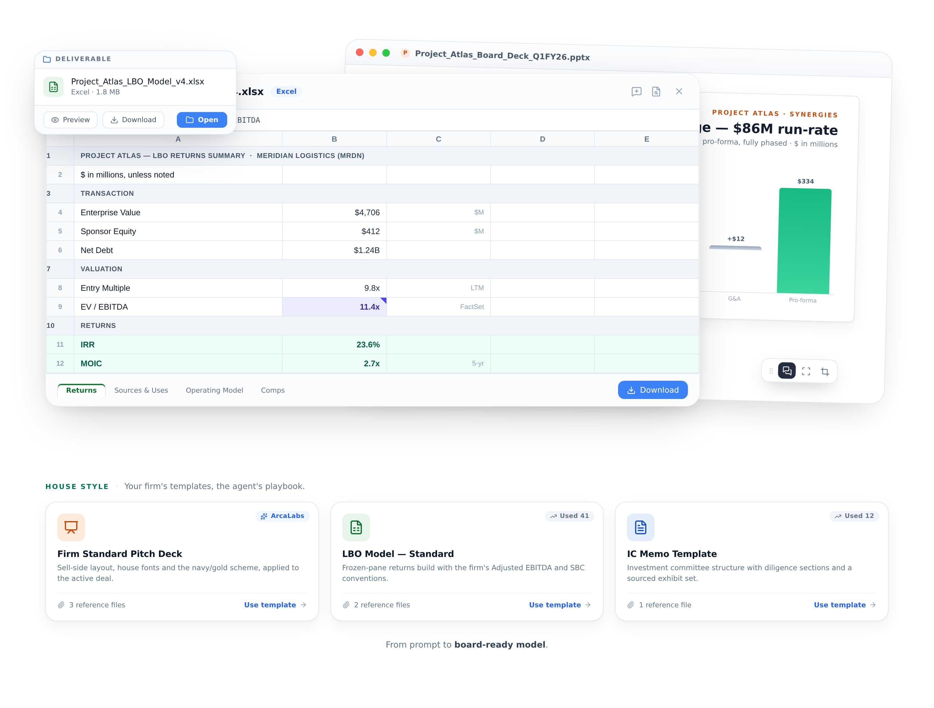 The ArcaLabs file viewer showing a house-style board deck and valuation model, produced by the agent and previewable in full fidelity.