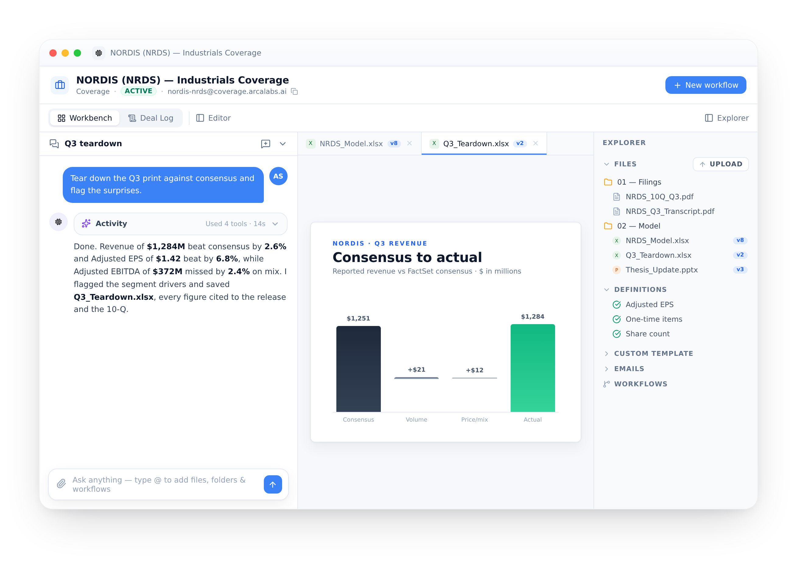 ArcaLabs research workbench for a public-equity name: a Q3 teardown chat beside the model, filings, and pinned Definitions