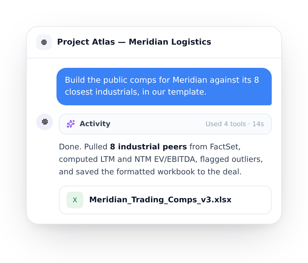 ArcaLabs corporate development workspace on a phone: ask the agent to build the pro forma bridge