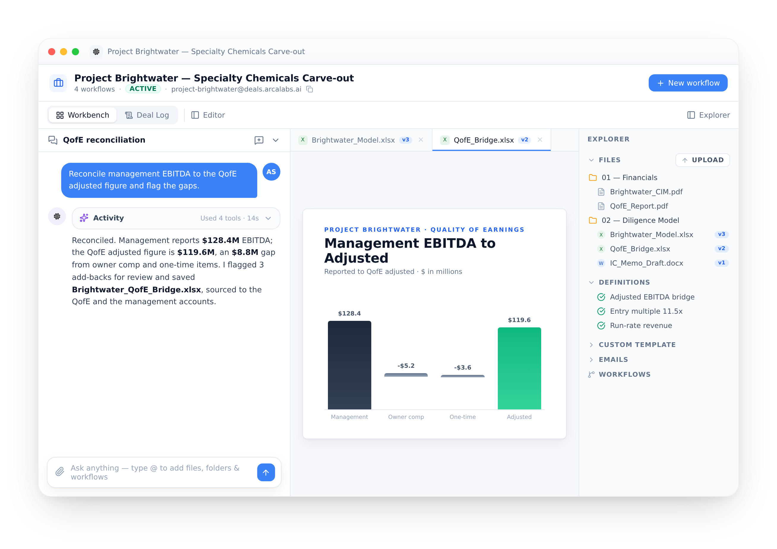 ArcaLabs deal workbench for a private equity deal: the agent reconciling management EBITDA to the QofE adjusted figure, beside the data-room file tree and pinned Definitions
