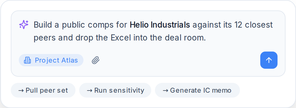 ArcaLabs chat composer — Build a public comps for Helio Industrials, with quick actions: Pull peer set, Run sensitivity, Generate IC memo