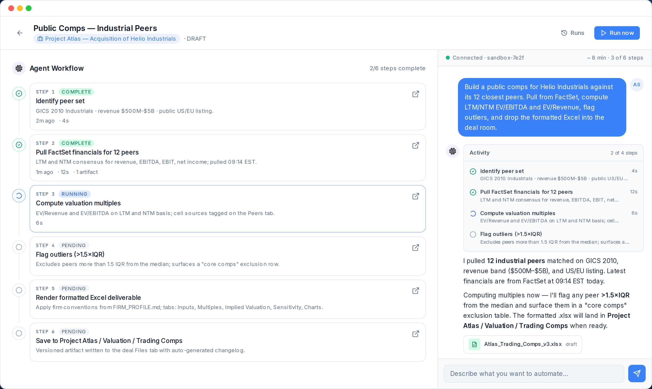 ArcaLabs workflow editor — Public Comps for Industrial Peers, with the agent stepping through identifying the peer set, pulling FactSet financials, computing valuation multiples, flagging outliers, and rendering a formatted Excel deliverable